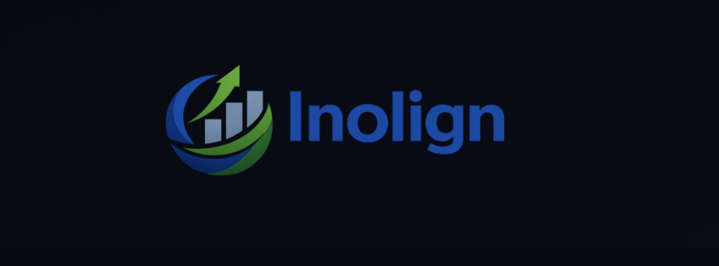 Logo Inolign avec graphique ascendant vert et bleu sur fond sombre, illustrant une plateforme de négociation moderne.