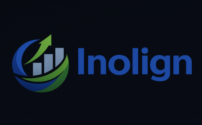 Logo Inolign avec graphique ascendant vert et bleu sur fond sombre, illustrant une plateforme de négociation moderne.